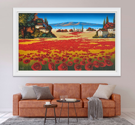 A Nicky van Rensburg painting of a landscape with poppies