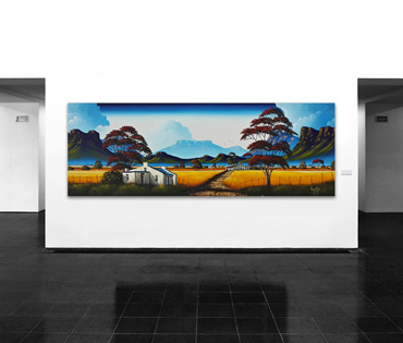 A Nicky van Rensburg colourful landscape with tall trees and a farmhouse