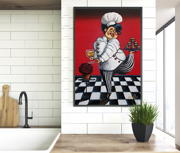 A Nicky van Rensburg painting of a chef holding a wine glass and a tray with cupcakes on her left foot
