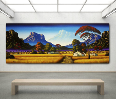 A Nicky van Rensburg painting of a colourful landscape with trees and mountains