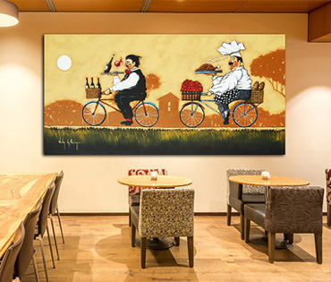 A Nicky van Rensburg painting of a waiter and a fat chef riding on bicycles