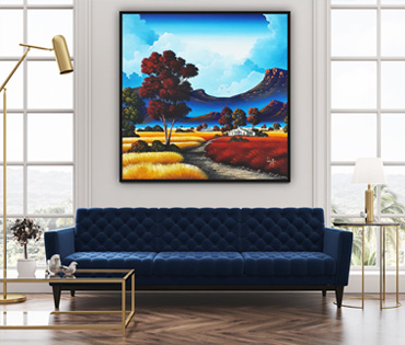 A Nicky van Rensburg painting of a colourful landscape with mountains and a farmhouse