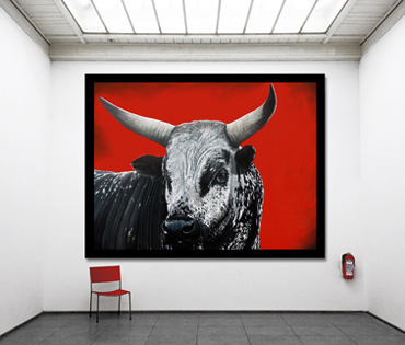 A Nicky van Rensburg painting of a Nguni bull with a red background