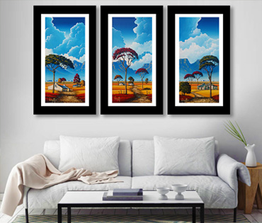 A Nicky van Rensburg triptych of colourful landscapes with umbrella thorn trees