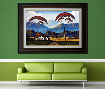 A Nicky van Rensburg painting of a colourful landscape with umbrella thorn trees