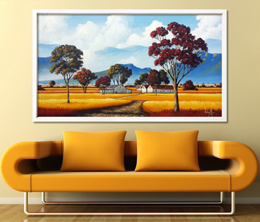 A Nicky van Rensburg colourful landscape with trees and farmhouses