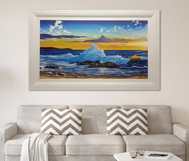 A Nicky van Rensburg painting of waves crashing on the shore at sunset