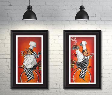 A Nicky van Rensburg set of chefs on bicycles carrying a glass of red wine