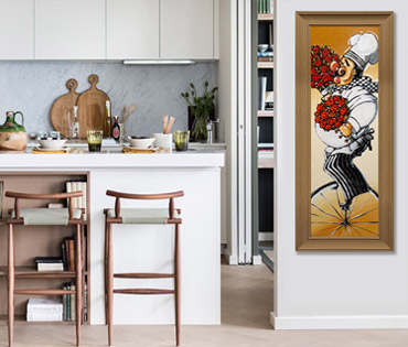 A Nicky van Rensburg painting of a fat chef on a bicycle carrying two bouquets of roses