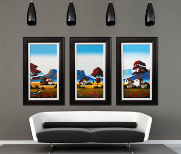 A Nicky van Rensburg triptych of a colourful tuscany scene with poppies