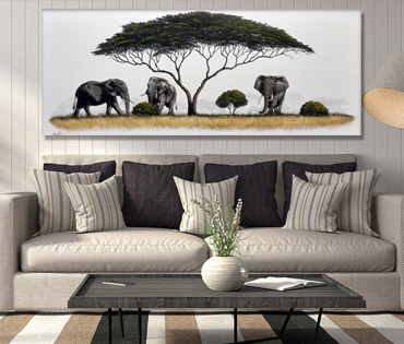 A Nicky van Rensburg painting of three elephants under an umbrella thorn tree
