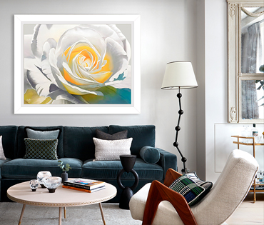 A Nicky van Rensburg painting of a close-up white and yellow rose