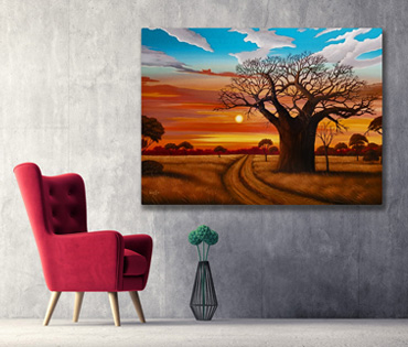 A Nicky van Rensburg painting of an african sunset scene with a baobab tree