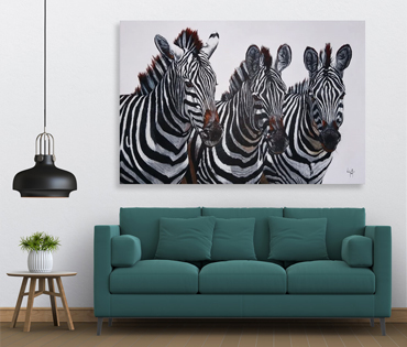 A Nicky van Rensburg close-up painting of three zebras