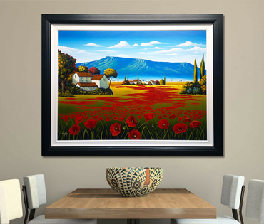 A Nicky van Rensburg painting of a tuscany scene with a house, blue mountain and poppies