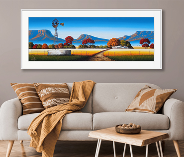 A Nicky van Rensburg painting of a landscape with a windmill