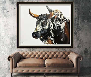 A Nicky van Rensburg painting of a Nguni